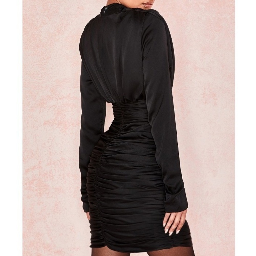 House of CB NEW Women's XS Black Giorgiana Satin Ruched Long Sleeve Mini Dress - Picture 7 of 7